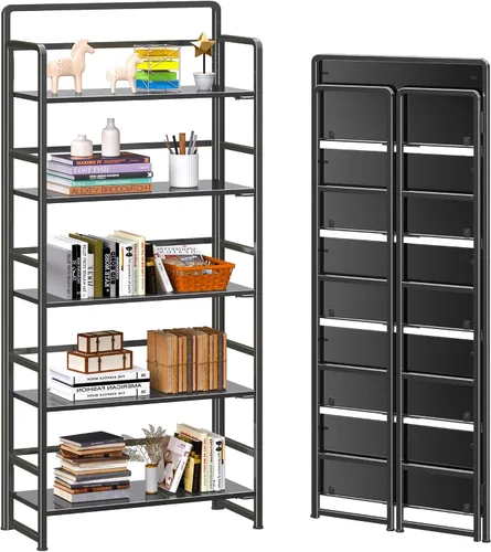 Miniatura 8 de 4NM Estantería plegable sin montaje, estante de almacenamiento para libros con estantes de 3 niveles, estilo vintage. Organizador de oficina y Todo