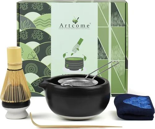 Artcome Kit completo de ceremonia de matcha de 7 piezas para ceremonia de té, cuenco con boquilla de vertido, batidor, cuchara de té, colador de
