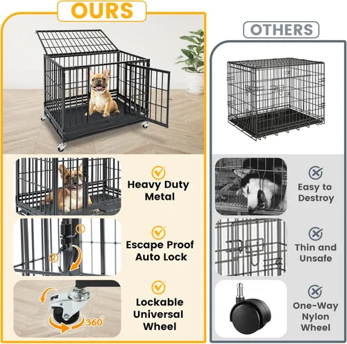 Miniatura 6 de Jaula apilable para perros de 36 pulgadas con ruedas con bloqueo, acceso superior, resistente e indestructible a prueba de escapes, jaula