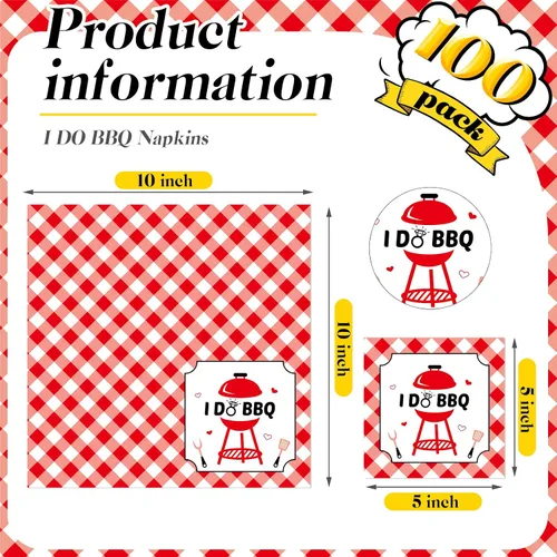 Miniatura 2 de Gueevin 100 servilletas de cóctel I Do BBQ, decoraciones de barbacoa rojo y blanco, servilletas a cuadros de papel desechable para bodas, despedidas
