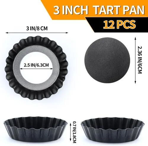 Miniatura 2 de 12 moldes para tarta de huevo, 3 pulgadas mini sartenes con botella suelta, mini conchas antiadherentes, latas de tarta estriadas quiche de acero al