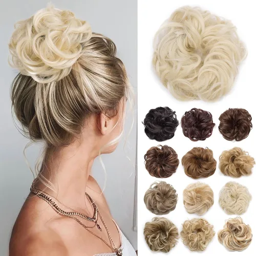 Miniatura 9 de Benehair Moño desordenado, pieza de pelo recogido para mujer, esponjoso, ondulado, moño con dona, moño sintético con banda elástica de goma