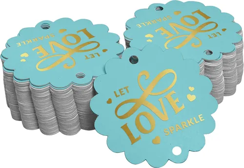 Paquete de 50 etiquetas de papel de aluminio dorado real Let Love Sparkle para colgar en el recuerdo de boda