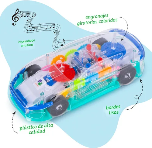 Miniatura 5 de ArtCreativity Juguete sensorial transparente con luz para niños, 1 unidad, auto de juguete con engranajes móviles coloridos, música y efectos LED