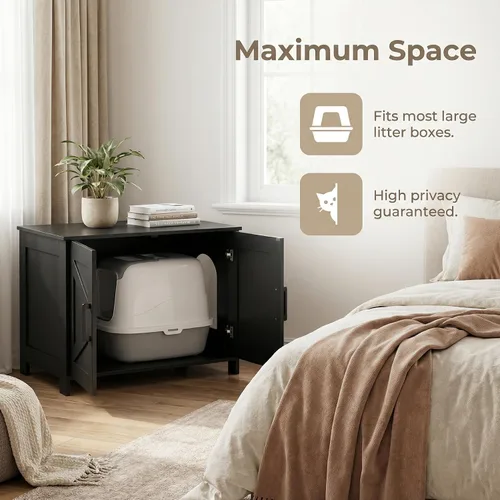 Miniatura 5 de Caja de arena para gatos Homhedy, mueble de baño de madera para gatos con puerta de granero, casa para mascotas, se adapta a la mayoría de las cajas
