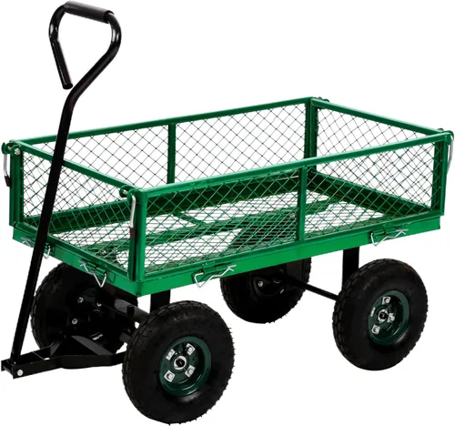 Carrito de jardín de acero resistente, carrito utilitario para patio, carrito utilitario para césped al aire libre con lados extraíbles y ruedas de