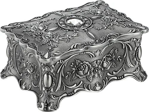 Hipiw - Caja organizadora de joyas vintage, caja de almacenamiento de metal para baratijas, caja de tesoro ornamentada, caja decorativa de joyería,