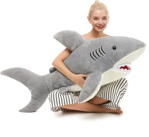 Miniatura 18 de MorisMos Peluche de tiburón gigante de 39 pulgadas, almohada grande de peluche de tiburón para niños, novia, color azul Tiburón azul 39