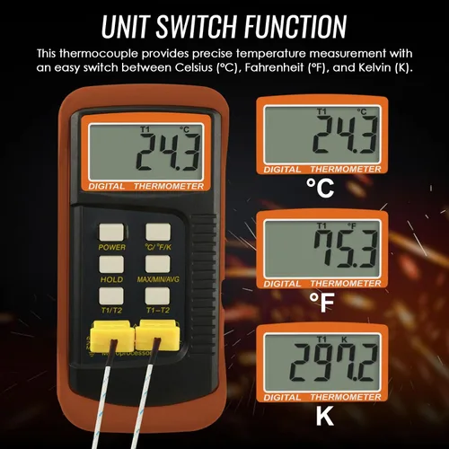 Miniatura 5 de Termómetro de termopar tipo K (-50 ~ 2,372.0 °F), termómetro digital de canales dobles con 2 abrazaderas de temperatura, 2 sondas de termopar