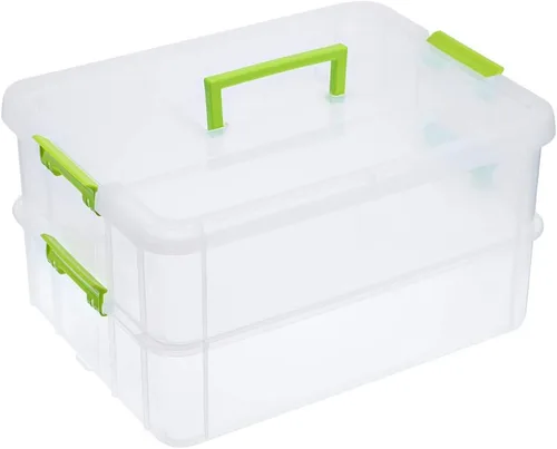 BTSKY - Caja de almacenamiento de 2 capas para apilar y transportar, caja de almacenamiento de plástico multiuso y portátil con asas, caja Verde