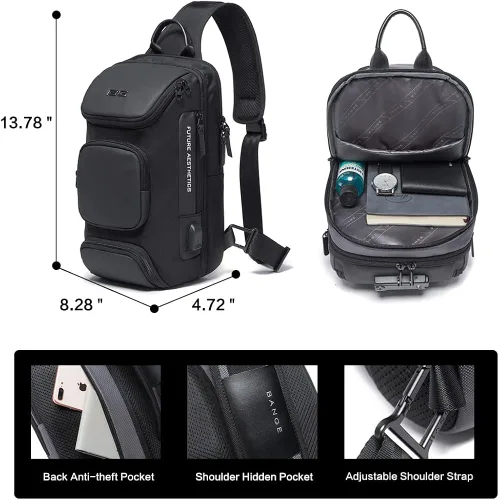 Miniatura 5 de Mochila tipo bandolera para hombre, bolsa de hombro impermeable con puerto USB