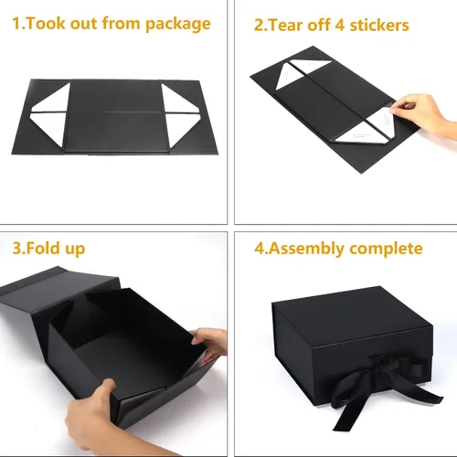Miniatura 3 de Giftgarden Paquete de 4 cajas de regalo negras de 8 x 8 x 4 pulgadas con tapas magnéticas de cinta, caja cuadrada plegable para regalo, Navidad