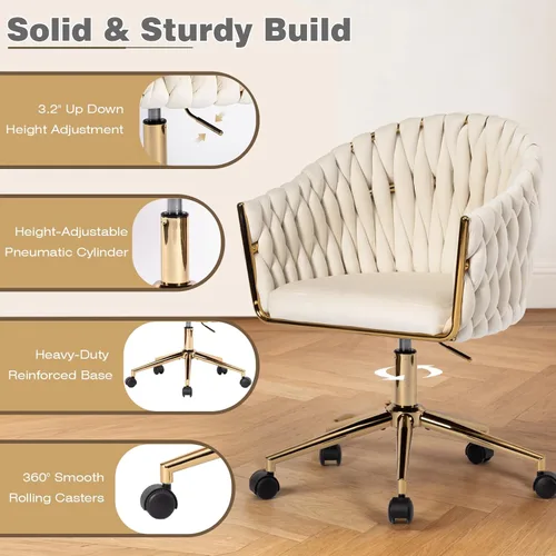 Miniatura 5 de Silla de Oficina de Terciopelo Tejida a Mano, Sillas de Escritorio de Tocador Beige con Ruedas Doradas, Silla Giratoria de 360° para Oficina en Negro