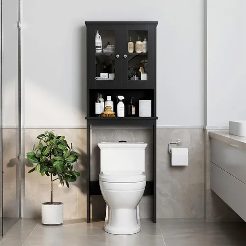Armario de almacenamiento sobre el inodoro para baño, organizador de almacenamiento negro sobre el inodoro, ahorro de espacio con 2 puertas de