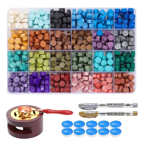 Miniatura 8 de Kit de sellos de cera – 630 cuentas de cera, caja de regalo, calentador, bolígrafos metálicos, sobres, juego de sellos para regalos y decoración