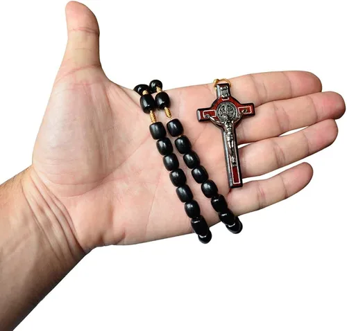 Miniatura 5 de Catholica Shop Collar de cruz de plata con cuentas de madera Rosario I Religious Wear Saint Benedict I Collar de cruz negra para hombres y mujeres I