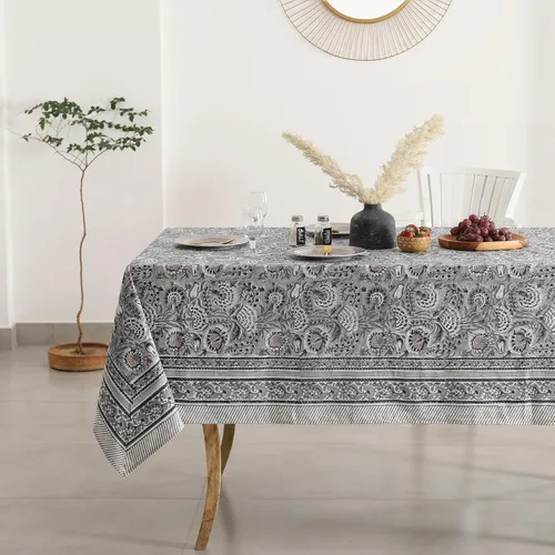 Miniatura 26 de Labhanshi Mantel rectangular de 6 plazas de algodón prelavado con estampado indio a mano, 60 x 90 pulgadas, diseño floral de algodón prelavado