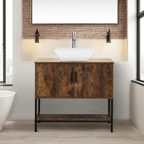 Miniatura 33 de UEV Tocador de Baño de Roble Rústico de 24" con Lavabo, Conjunto de Gabinete de Baño con Marco de Hierro Industrial con Puertas y Estante, con Combo