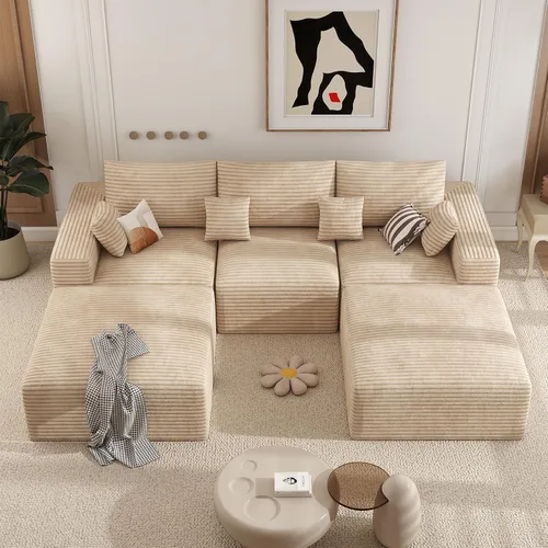 Miniatura 14 de Sofá cama seccional modular de 113", sofás de nube convertibles para sala de estar con otomana, juego de sofá cama de pana sin estructura de 6 Gris
