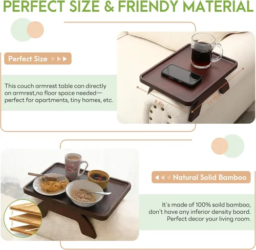 Miniatura 4 de SINWANT Bandeja para Brazo de Sofá, Bandeja de Bambú con Clip para Brazo de Sofá, Bandeja para Reposabrazos de Sofá Adecuada para Nogal