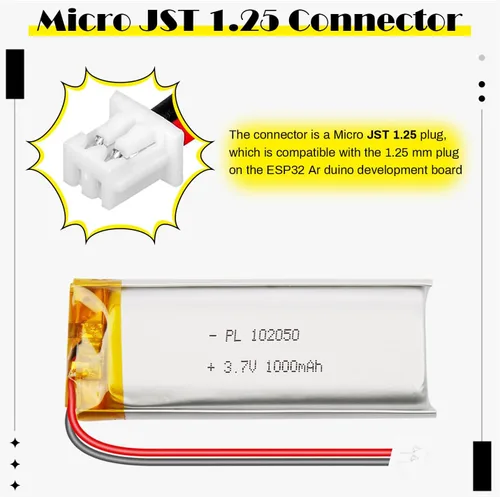 Miniatura 4 de 102050 3.7V 1000mAh LiPo Batería - Batería recargable de polímero de litio con placa de protección y conector Micro JST 1.25 para dispositivo