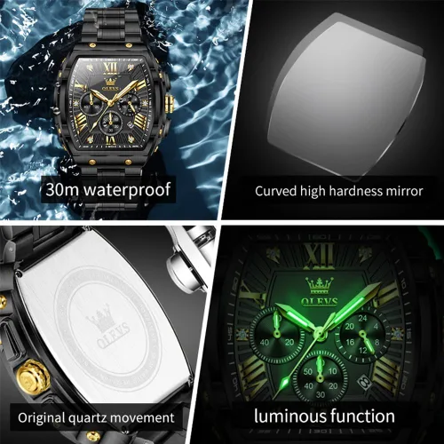 Miniatura 5 de OLEVS Relojes para Hombres Cronógrafo Impermeable Cara Rectangular Fase Lunar Correa de Acero Inoxidable Relojes de Vestir para Hombres Luminoso