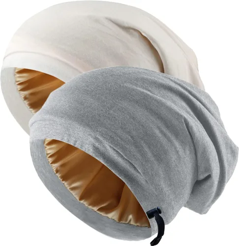 Miniatura 18 de 2 Pcs Adjustable Silk Hair Bonnet for Sleeping, Satin Lined Sleep Cap for Women and Men, Silk Hair Wrap Slouch Beanie.