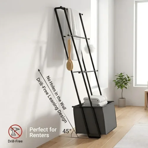 Miniatura 6 de Escalera de manta inclinada 2 en 1 con cesta de almacenamiento, soporte de toalla de metal negro mate, organizador de ahorro de espacio sin taladros