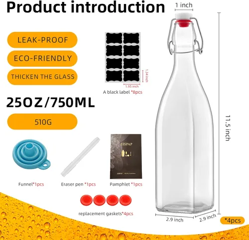 Miniatura 2 de Paquete de 4 botellas de vidrio cuadradas de 25 onzas, botellas de 25 onzas líquidas con tapones herméticos para kombucha, kéfir, extracto