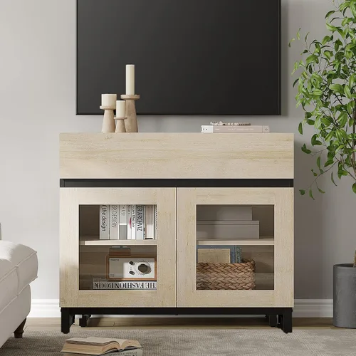 Miniatura 27 de WAMPAT Moderno soporte de TV con puertas de vidrio para televisores de 32 a 40 pulgadas, consola central de entretenimiento con estantes ajustables
