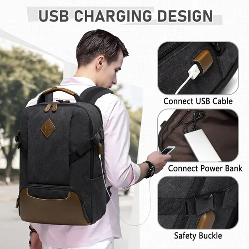 Miniatura 6 de Kasqo Mochila para laptop de 15.6 pulgadas, impermeable, antirrobo, negocios, viajes, universidad, bolsa de mano con puerto de carga USB para Negro