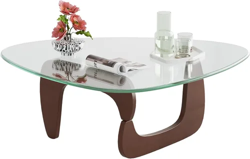 Miniatura 9 de WLIVE Mesa de café, mesa de café pequeña de vidrio con patas de madera maciza, mesas de sala de estar triangulares de 36" de mediados de siglo, mesa