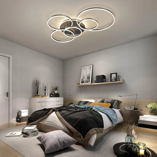 Miniatura 9 de Lámpara de techo LED moderna de 106 W, regulable, lámpara de techo acrílica LED con control remoto, 6 anillos, luz de techo de montaje al ras, Dorado