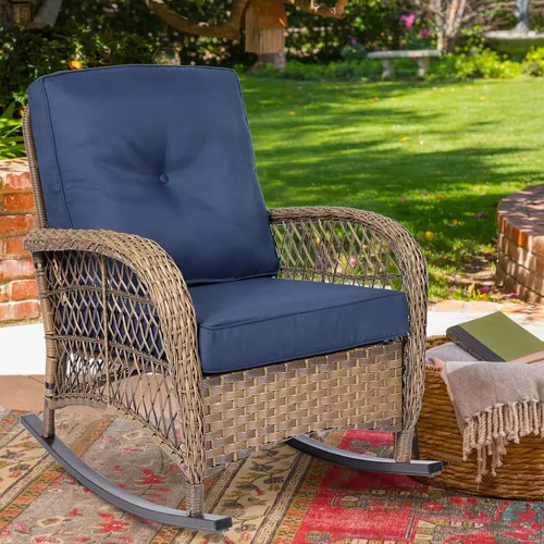 Miniatura 27 de MEETWARM Mecedora de mimbre para exteriores, sillas mecedoras de ratán para patio con cojines y respaldo alto, silla de mimbre para patio para todo