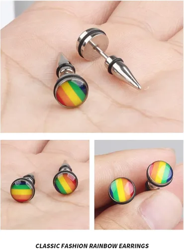 Miniatura 7 de Pendientes de tuerca de acero inoxidable 316L con orgullo gay lesbiano arco iris, triángulo redondo LGBT, aretes de tuerca de arco iris a la moda