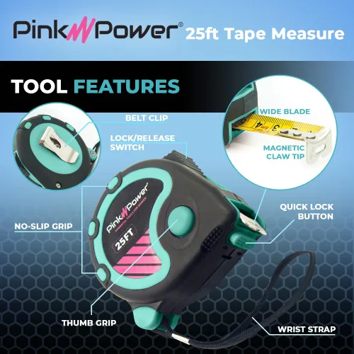 Miniatura 2 de Pink Power Cinta métrica con fracciones – Cinta métrica azul resistente, pequeña, retráctil, con marcas de fácil lectura, retorno centrado