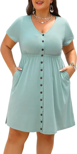 Miniatura 17 de Holipick Vestidos de verano para mujer, talla grande, casual, con bolsillos, acampanado, con botones, sin mangas, cuello en V