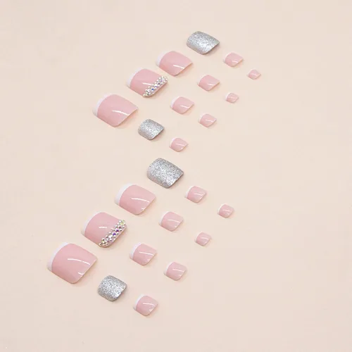 Miniatura 3 de Uñas postizas a presión, puntas blancas cuadradas, uñas postizas con purpurina y diamantes de imitación, uñas postizas con pegamento brillante