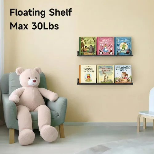 Miniatura 5 de Paquete de 3 estantes flotantes de metal, estante grande montado en la pared de 17 x 6 pulgadas para almacenamiento, estantería negra para niños