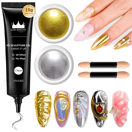 Miniatura 17 de Kit de gel de uñas 3D y polvo de uñas cromado BISHENGYF: 0.53 oz No Wipe Gel de Escultura 3D Aurora Rosa Azul Oro Cromo Polvo de uñas con pegamento