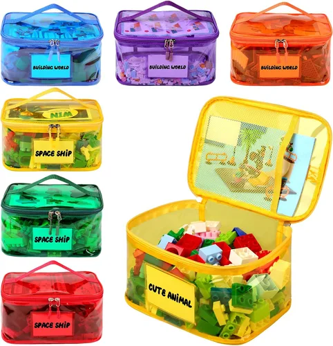 Miniatura 11 de Tesuko Paquete de 6 bolsas transparentes de almacenamiento de juguetes con etiqueta de nombre y bolsillo manual, funda organizadora de juguetes
