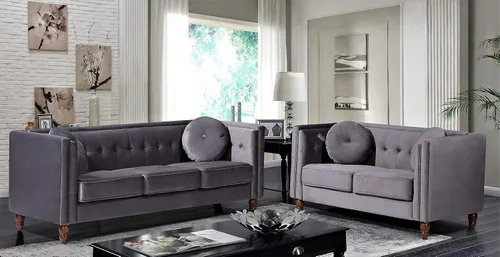 Container Furniture Direct Lexie Velvet Comfy Mid Century Chesterfield - Sofá biplaza de tres plazas para apartamento, dormitorio y oficina, juego