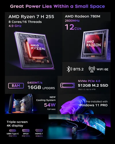 Miniatura 2 de ACEMAGICIAN Mini PC S3A con Windows 11 Pro, Ryzen 7 H 255(hasta 4.9 GHz), 16 GB LPDDR5 512 GB NVME PCIe4.0 SSD computadora con gráficos Radeon 780M