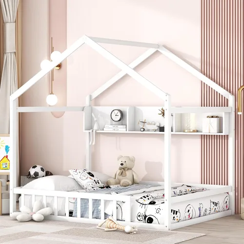 Miniatura 13 de Base de cama de metal de tamaño individual con plataforma en forma de casa de techo, para niños y niñas, soporte de metal resistente, perfecto