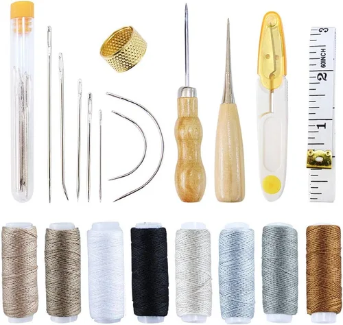 Vitoki Kit de reparación de tapicería, paquete de 29 agujas de coser a mano, hilo de lona y agujas, cinta métrica, agujas de costura de ojos grandes