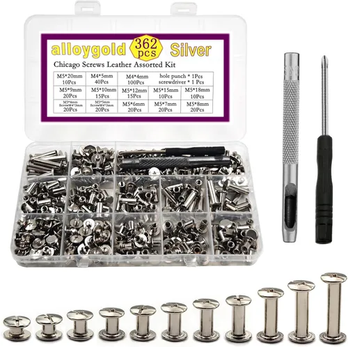 Miniatura 21 de Juego de 90 tornillos de acero inoxidable 304 Chicago de cuero, 7 tamaños de remaches para manualidades, ropa, zapatos, cinturones, bolsas