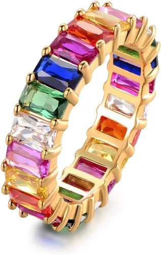 Barzel - Anillo de boda de eternidad para mujer, color arcoíris, chapado en oro blanco de 18 K, corte esmeralda, hecho con gemas de múltiples colores