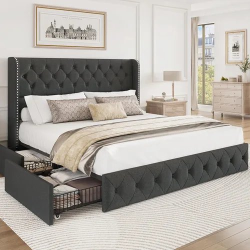 Miniatura 25 de BRELTAM Marco de Cama Tamaño Queen con Cajones de Almacenamiento y Cabecero Wingback Tapizado en Terciopelo Marco de Cama Plataforma Camas Blanco