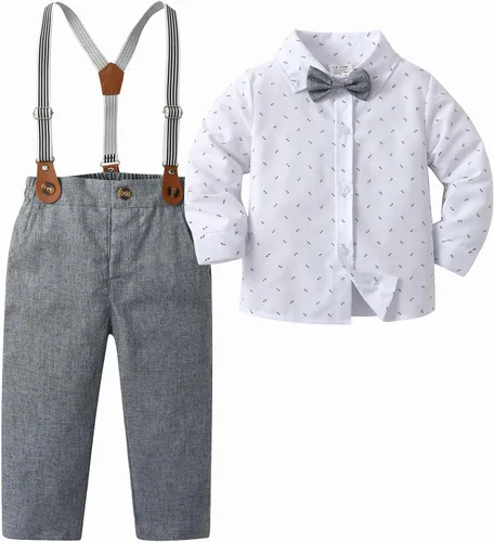 Miniatura 45 de Conjunto de pantalones para bebé, camisa de manga larga + pantalones + corbatín + tirantes, trajes de caballero para niños pequeños