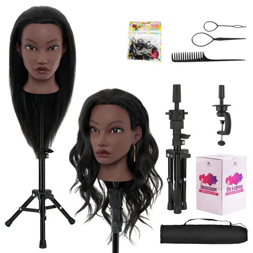 Miniatura 14 de Cabeza de maniquí de 28 pulgadas con 80 % cabello humano real, cabeza de muñeca para peinado, trenzado, rizado, cabeza de maniquí de cosmetología